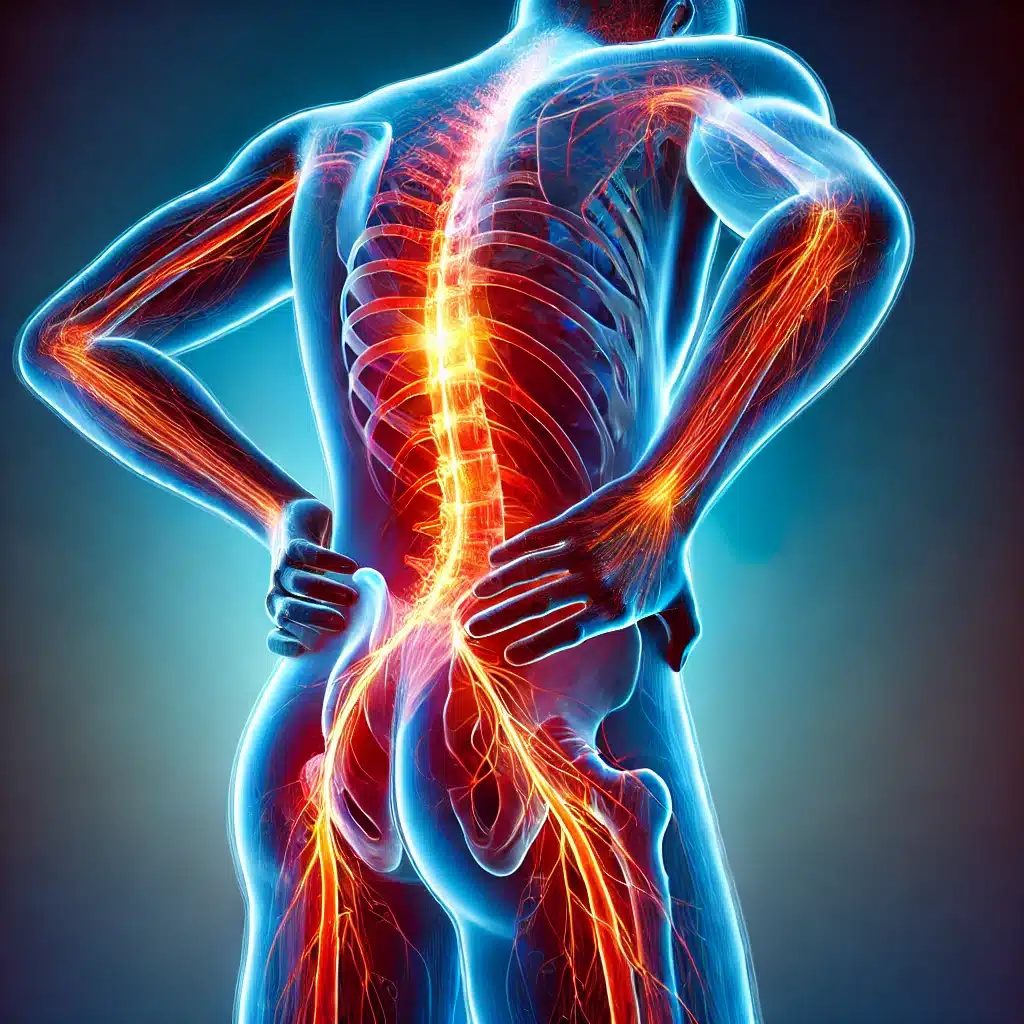 sciatica pain, showcasing a transparent human figure with a glowing red and orange pathway running from the lower back, throu