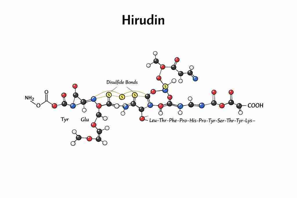 The chemical structure of hirudin is a peptide chain consisting of about 65 amino acids. It has a relatively complex structure with multiple disulfide bonds that contribute to its stability and activity.