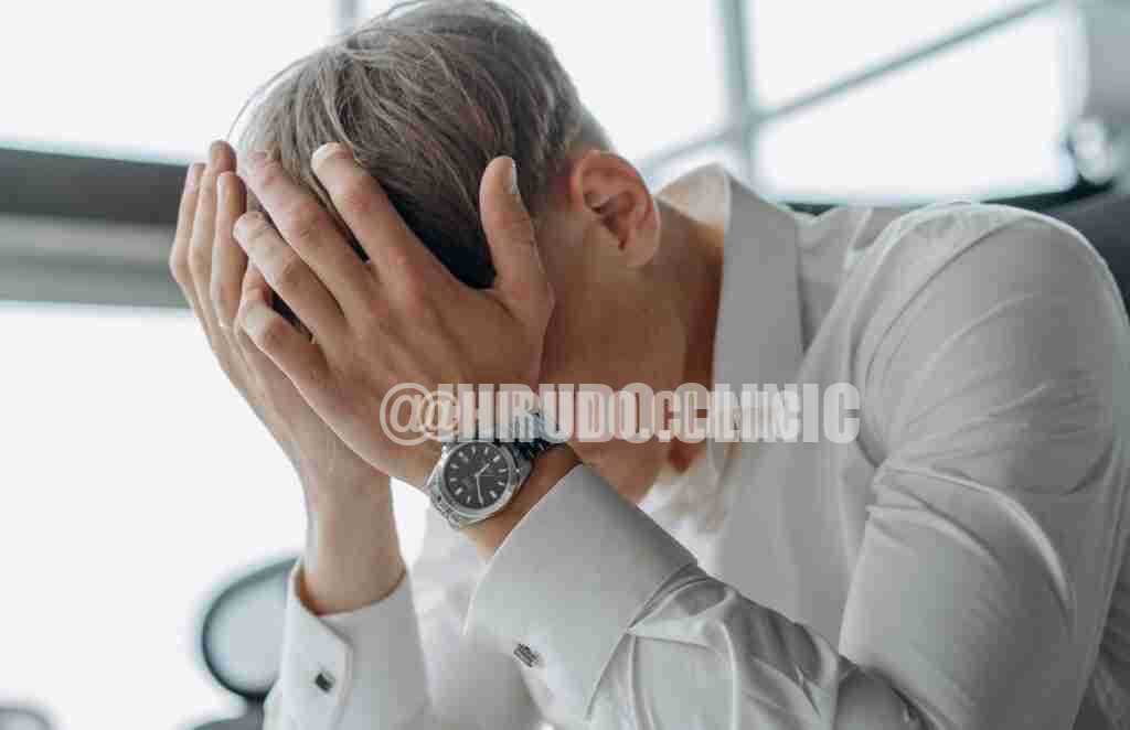Man at an office desk holding his head in both hands during a headache