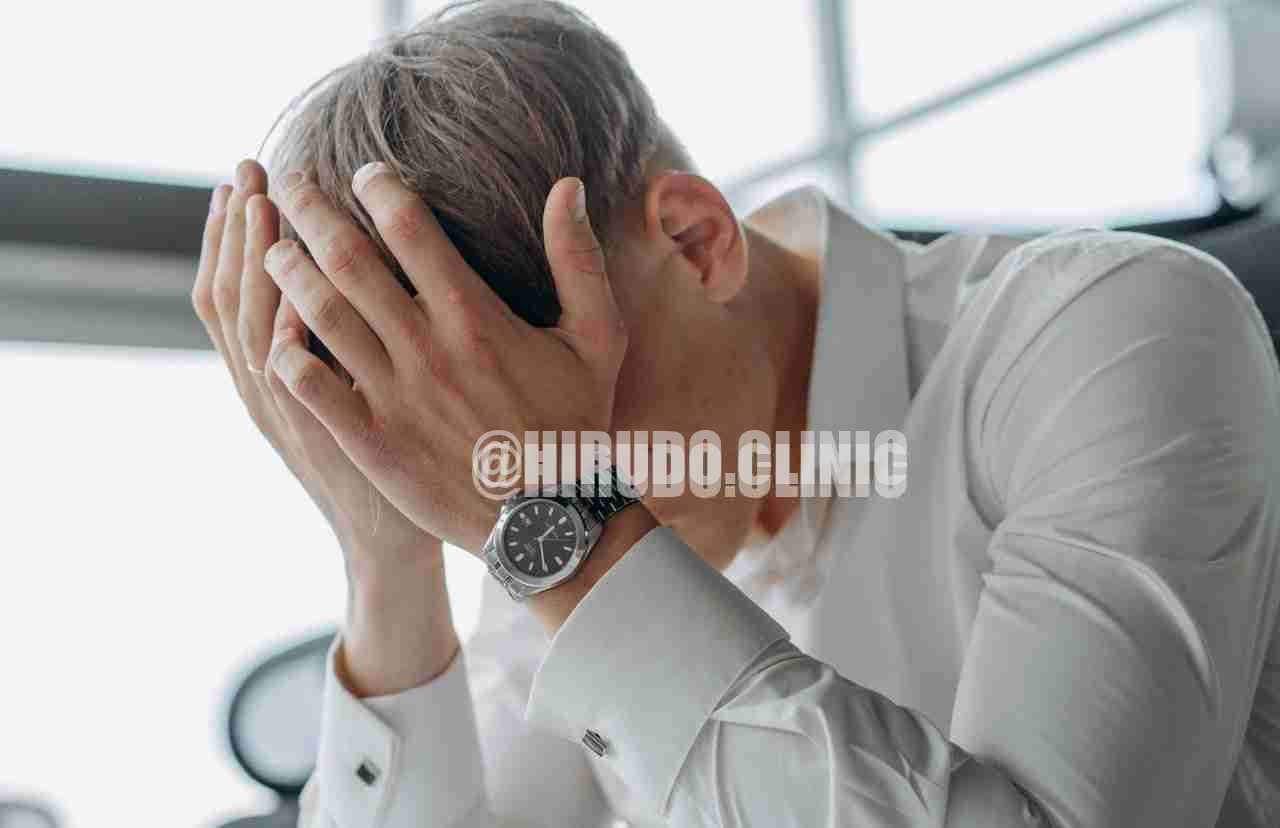 Man at an office desk holding his head in both hands during a headache
